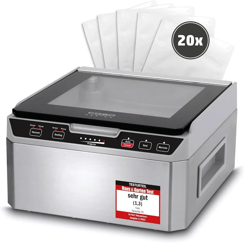 Caso VacuChef 40, Fassungsvermögen 3L Vakuumkammer 70 Liter 1417, Kammervakuumierer aus Edelstahl, Minute, doppelte Schweißnaht