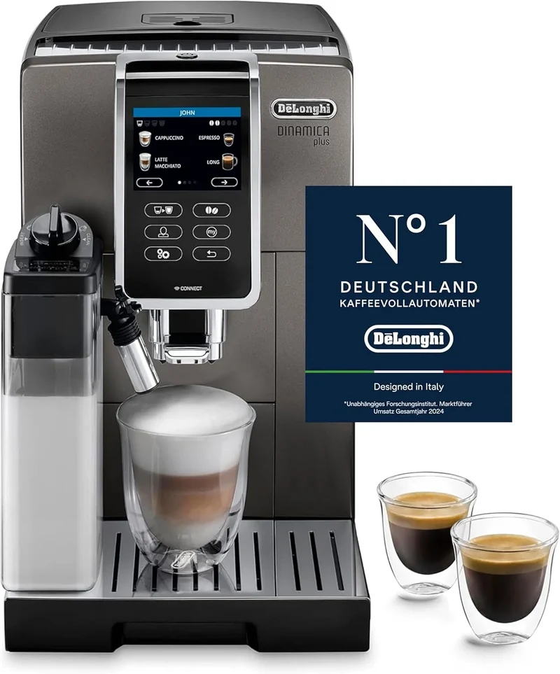 De'Longhi Kaffeevollautomat ECAM 372.95 372.95.TB, Dinamica Plus.TB mit LatteCrema Milchsystem, Kaffeekannen-Funktion, Touchscreen Farbdisplay, Titan